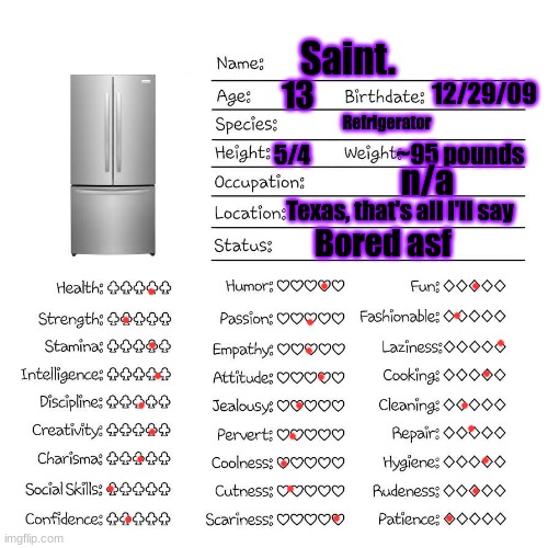 There | Saint. 13; 12/29/09; Refrigerator; ~95 pounds; 5/4; n/a; Texas, that's all I'll say; Bored asf | image tagged in profile card | made w/ Imgflip meme maker