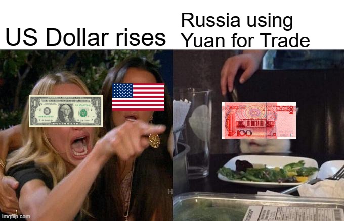 yuan mother russia | Russia using Yuan for Trade; US Dollar rises | image tagged in memes,woman yelling at cat | made w/ Imgflip meme maker