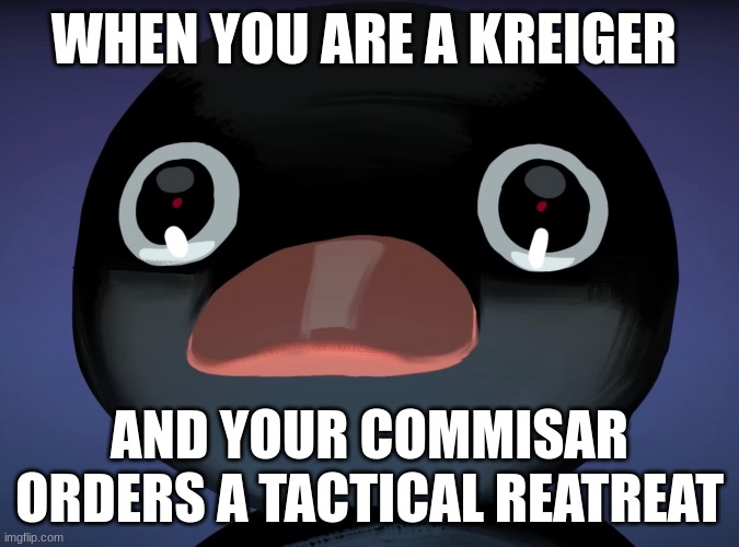 how dare ye | WHEN YOU ARE A KREIGER; AND YOUR COMMISAR ORDERS A TACTICAL REATREAT | image tagged in pingu stare | made w/ Imgflip meme maker