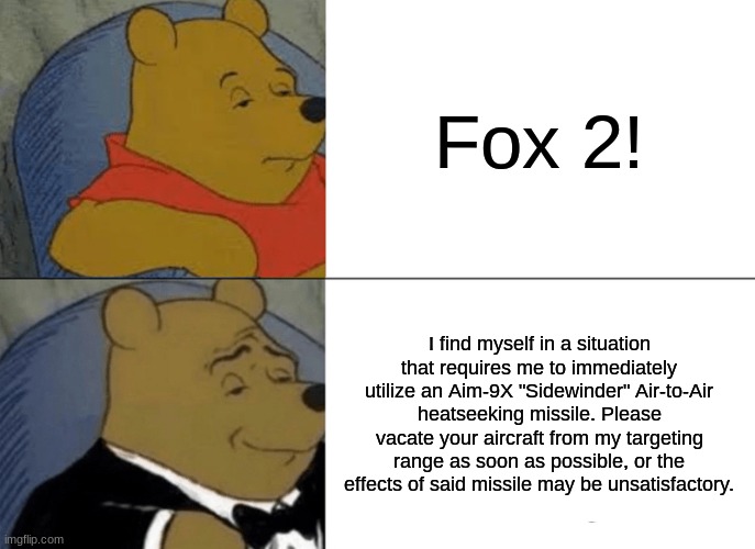 Tuxedo Winnie The Pooh | Fox 2! I find myself in a situation that requires me to immediately utilize an Aim-9X "Sidewinder" Air-to-Air heatseeking missile. Please vacate your aircraft from my targeting range as soon as possible, or the effects of said missile may be unsatisfactory. | image tagged in memes,tuxedo winnie the pooh | made w/ Imgflip meme maker