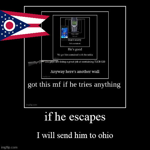 if he escapes | I will send him to ohio | image tagged in funny,demotivationals,ohio,only in ohio | made w/ Imgflip demotivational maker