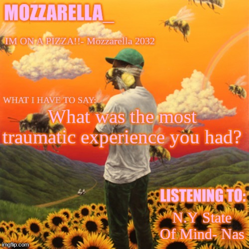 Flower Boy | What was the most traumatic experience you had? N.Y State Of Mind- Nas | image tagged in flower boy | made w/ Imgflip meme maker