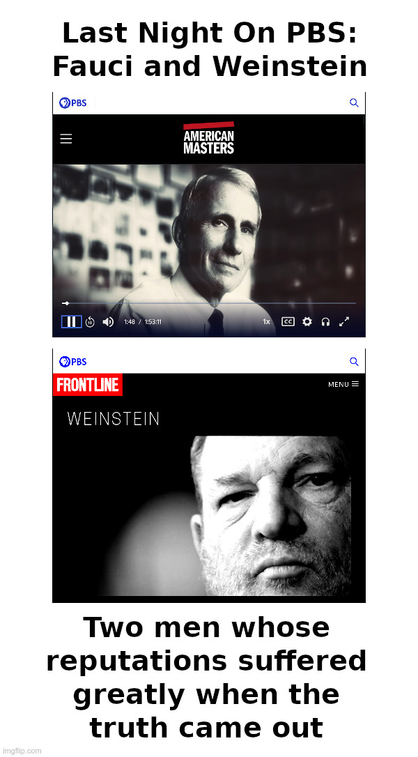 Last Night On PBS: Fauci and Weinstein | image tagged in pbs,fauci,harvey weinstein,reputation,the truth,exposed | made w/ Imgflip meme maker