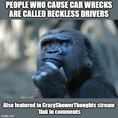 ironic | PEOPLE WHO CAUSE CAR WRECKS ARE CALLED RECKLESS DRIVERS; Also featured in CrazyShowerThoughts stream
*link in comments | image tagged in deep thoughts,ironic | made w/ Imgflip meme maker
