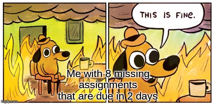 This Is Fine | Me with 8 missing assignments that are due in 2 days | image tagged in memes,this is fine | made w/ Imgflip meme maker