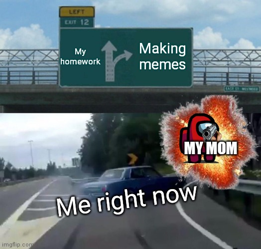 Left Exit 12 Off Ramp Meme | My homework; Making memes; MY MOM; Me right now | image tagged in memes,left exit 12 off ramp | made w/ Imgflip meme maker