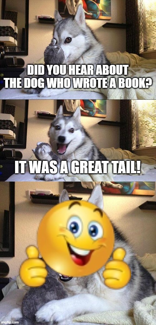 Bad Pun Dog | DID YOU HEAR ABOUT THE DOG WHO WROTE A BOOK? IT WAS A GREAT TAIL! | image tagged in memes,bad pun dog | made w/ Imgflip meme maker