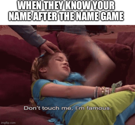 Name game | WHEN THEY KNOW YOUR NAME AFTER THE NAME GAME | image tagged in don't touch me i'm famous | made w/ Imgflip meme maker