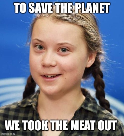Greta Thunberg | TO SAVE THE PLANET WE TOOK THE MEAT OUT | image tagged in greta thunberg | made w/ Imgflip meme maker
