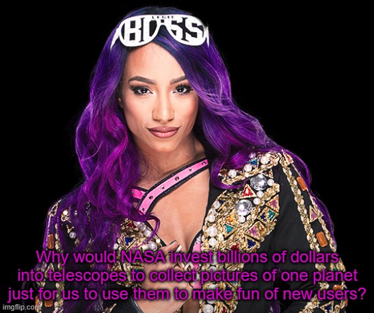 Sasha Banks | Why would NASA invest billions of dollars into telescopes to collect pictures of one planet just for us to use them to make fun of new users? | image tagged in sasha banks | made w/ Imgflip meme maker