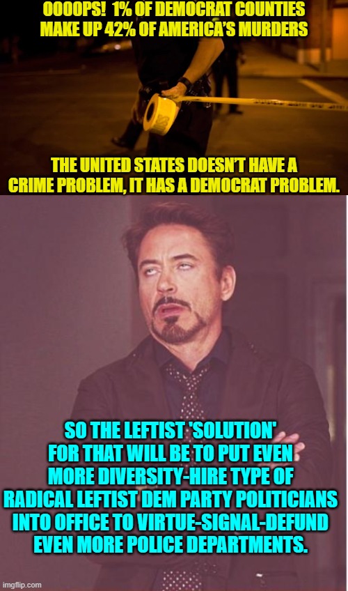 This is your nation on leftist . . . enjoy. | OOOOPS!  1% OF DEMOCRAT COUNTIES MAKE UP 42% OF AMERICA’S MURDERS; THE UNITED STATES DOESN’T HAVE A CRIME PROBLEM, IT HAS A DEMOCRAT PROBLEM. SO THE LEFTIST 'SOLUTION' FOR THAT WILL BE TO PUT EVEN MORE DIVERSITY-HIRE TYPE OF RADICAL LEFTIST DEM PARTY POLITICIANS INTO OFFICE TO VIRTUE-SIGNAL-DEFUND EVEN MORE POLICE DEPARTMENTS. | image tagged in truth | made w/ Imgflip meme maker