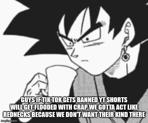 Is redneck a slur mark it just incase | GUYS IF TIK TOK GETS BANNED YT SHORTS WILL GET FLOODED WITH CRAP WE GOTTA ACT LIKE REDNECKS BECAUSE WE DON'T WANT THEIR KIND THERE | image tagged in goku black confused | made w/ Imgflip meme maker