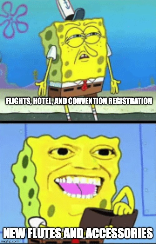 Spongebob money | FLIGHTS, HOTEL, AND CONVENTION REGISTRATION; NEW FLUTES AND ACCESSORIES | image tagged in spongebob money | made w/ Imgflip meme maker