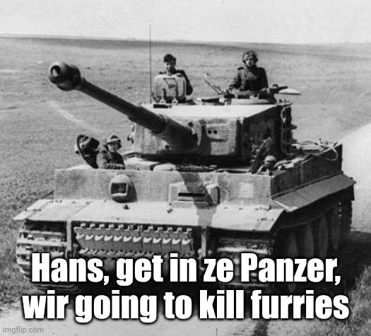 Hans, get in ze Panzer | Hans, get in ze Panzer, wir going to kill furries | image tagged in hans get in ze panzer | made w/ Imgflip meme maker