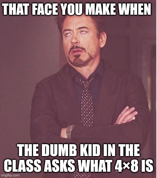 Face You Make Robert Downey Jr | THAT FACE YOU MAKE WHEN; THE DUMB KID IN THE CLASS ASKS WHAT 4×8 IS | image tagged in memes,face you make robert downey jr | made w/ Imgflip meme maker