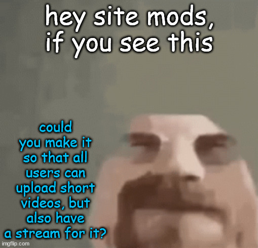 heisenburger | hey site mods, if you see this; could you make it so that all users can upload short videos, but also have a stream for it? | image tagged in heisenburger | made w/ Imgflip meme maker