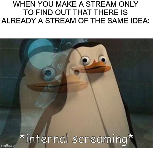 pain. just pain. | WHEN YOU MAKE A STREAM ONLY TO FIND OUT THAT THERE IS ALREADY A STREAM OF THE SAME IDEA: | image tagged in private internal screaming,memes,relatable,why,streams,oh wow are you actually reading these tags | made w/ Imgflip meme maker