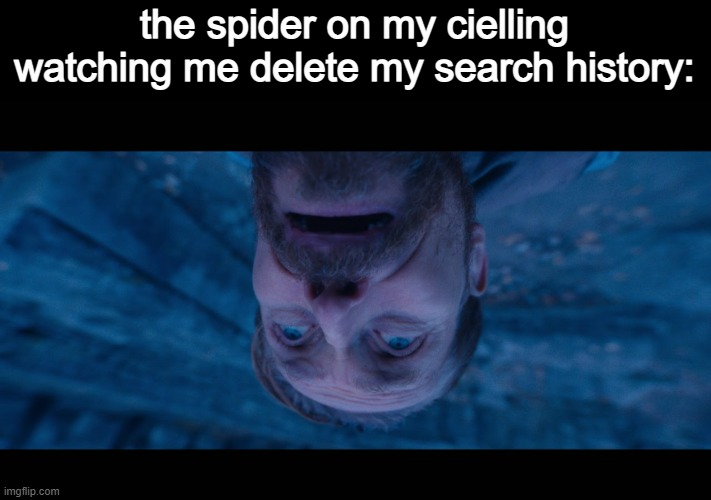 the spider on my cielling watching me delete my search history: | image tagged in willem dafoe looking up,upside-down,funny memes | made w/ Imgflip meme maker