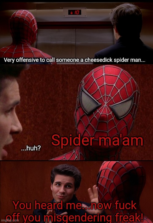 ...huh? Very offensive to call someone a cheesedick spider man... Spider ma'am You heard me...now fuck off you misgendering freak! | made w/ Imgflip meme maker