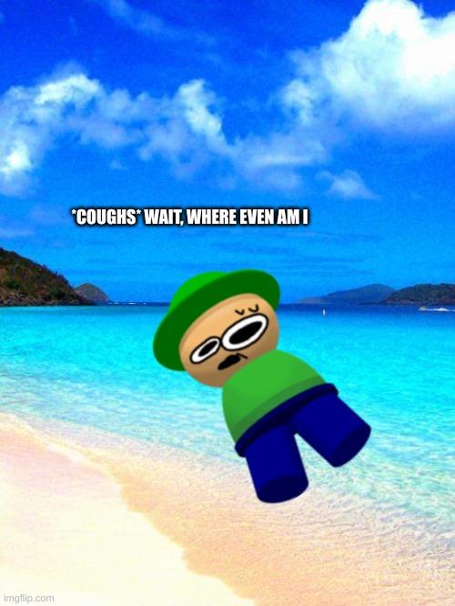 just washed up on this island, don't know what's the island is called | *COUGHS* WAIT, WHERE EVEN AM I | image tagged in beach | made w/ Imgflip meme maker