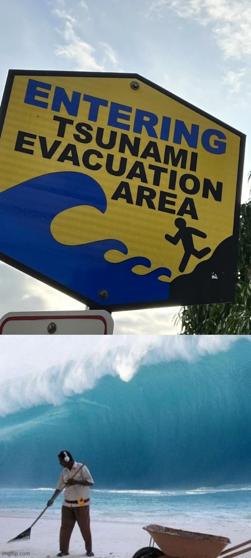 In the event of a tsunami, I guess you run TOWARDS it. | image tagged in beach man wave tsunami ignoring,you had one job,design fails,memes,funny | made w/ Imgflip meme maker