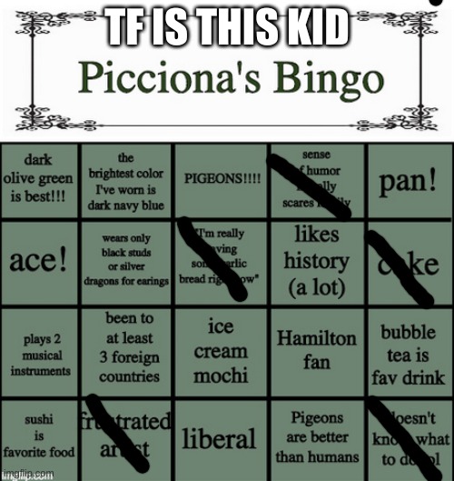 Picciona's Bingo | TF IS THIS KID | image tagged in picciona's bingo | made w/ Imgflip meme maker