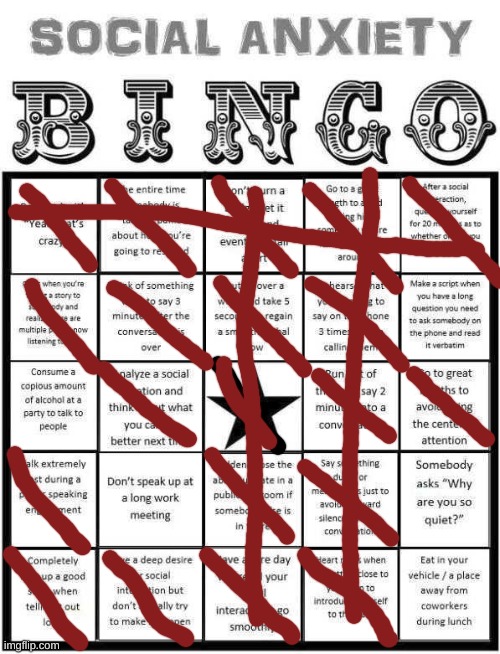 Social Anxiety Bingo | image tagged in social anxiety bingo | made w/ Imgflip meme maker
