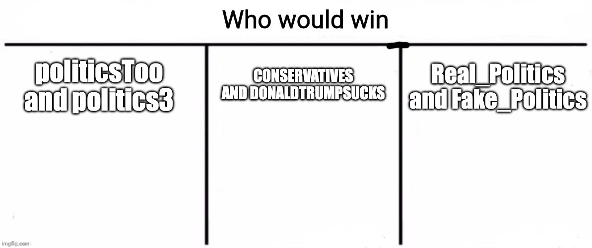 3x who would win | politicsToo and politics3 CONSERVATIVES AND DONALDTRUMPSUCKS Real_Politics and Fake_Politics | image tagged in 3x who would win | made w/ Imgflip meme maker