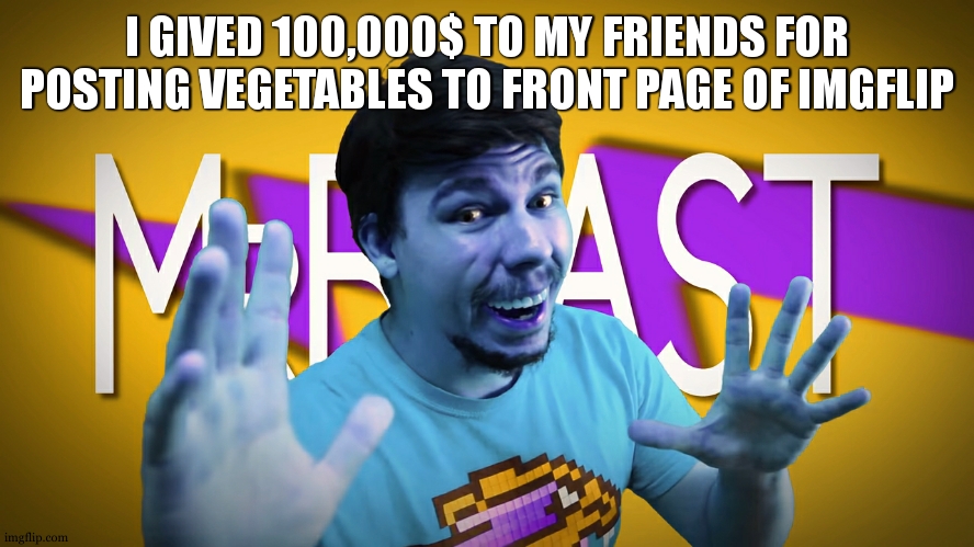 Fake MrBeast | I GIVED 100,000$ TO MY FRIENDS FOR POSTING VEGETABLES TO FRONT PAGE OF IMGFLIP | image tagged in fake mrbeast | made w/ Imgflip meme maker