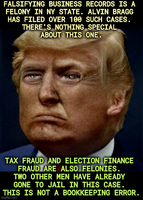 FALSIFYING BUSINESS RECORDS IS A 

FELONY IN NY STATE. ALVIN BRAGG 
HAS FILED OVER 100 SUCH CASES. 
THERE'S NOTHING SPECIAL 
ABOUT THIS ONE. TAX FRAUD AND ELECTION FINANCE 
FRAUD ARE ALSO FELONIES. 
TWO OTHER MEN HAVE ALREADY 
GONE TO JAIL IN THIS CASE. 
THIS IS NOT A BOOKKEEPING ERROR. | image tagged in false,business,records,felony,fraud,jail | made w/ Imgflip meme maker