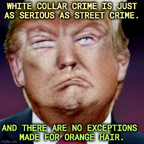 No man is above the law. | WHITE COLLAR CRIME IS JUST AS SERIOUS AS STREET CRIME. AND THERE ARE NO EXCEPTIONS 
MADE FOR ORANGE HAIR. | image tagged in trump,business,crime,guilty,lock him up | made w/ Imgflip meme maker