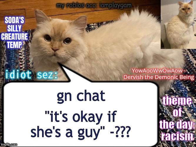 goofy ass quote | gn chat; "it's okay if she's a guy" -??? | image tagged in soda's silly creature temp | made w/ Imgflip meme maker