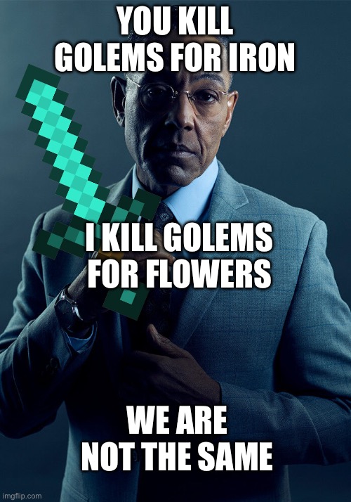 Gus Fring we are not the same | YOU KILL GOLEMS FOR IRON; I KILL GOLEMS FOR FLOWERS; WE ARE NOT THE SAME | image tagged in gus fring we are not the same | made w/ Imgflip meme maker