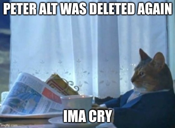 I Should Buy A Boat Cat | PETER ALT WAS DELETED AGAIN; IMA CRY | image tagged in memes,i should buy a boat cat | made w/ Imgflip meme maker