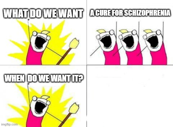 WHat title? | WHAT DO WE WANT; A CURE FOR SCHIZOPHRENIA; WHEN  DO WE WANT IT? | image tagged in memes,what do we want,dark humor | made w/ Imgflip meme maker
