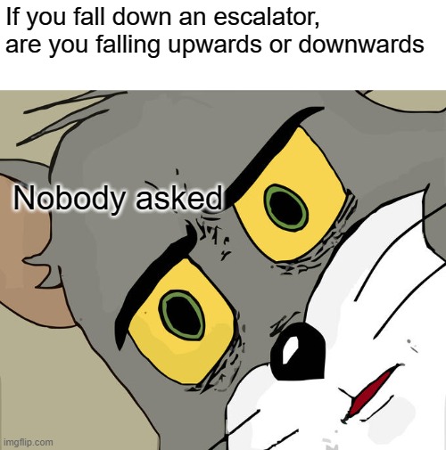 Unsettled Tom Meme | If you fall down an escalator, are you falling upwards or downwards; Nobody asked | image tagged in memes,unsettled tom | made w/ Imgflip meme maker