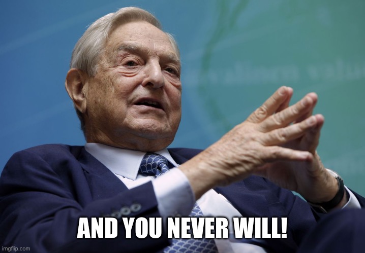 George Soros | AND YOU NEVER WILL! | image tagged in george soros | made w/ Imgflip meme maker