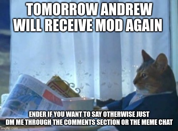 Dont make me regret this andrew | TOMORROW ANDREW WILL RECEIVE MOD AGAIN; ENDER IF YOU WANT TO SAY OTHERWISE JUST DM ME THROUGH THE COMMENTS SECTION OR THE MEME CHAT | image tagged in memes,i should buy a boat cat | made w/ Imgflip meme maker