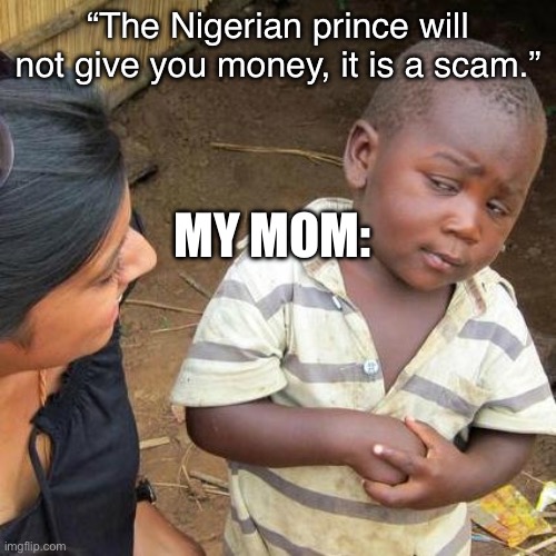 Nigerian prince scam!!!1 | “The Nigerian prince will not give you money, it is a scam.”; MY MOM: | image tagged in memes,third world skeptical kid | made w/ Imgflip meme maker