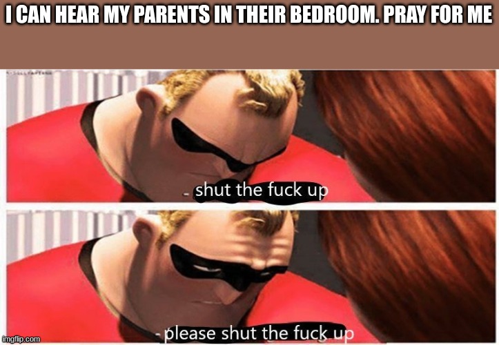 Shut up...please shut up | I CAN HEAR MY PARENTS IN THEIR BEDROOM. PRAY FOR ME | image tagged in shut up please shut up | made w/ Imgflip meme maker