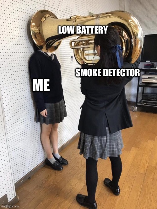Girl Putting Tuba on Girl's Head | LOW BATTERY; ME; SMOKE DETECTOR | image tagged in girl putting tuba on girl's head | made w/ Imgflip meme maker