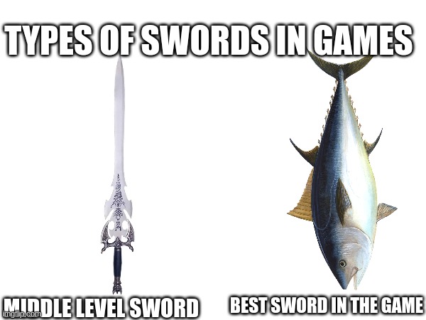 The power of Fish!!! | TYPES OF SWORDS IN GAMES; MIDDLE LEVEL SWORD; BEST SWORD IN THE GAME | image tagged in memes,gaming | made w/ Imgflip meme maker