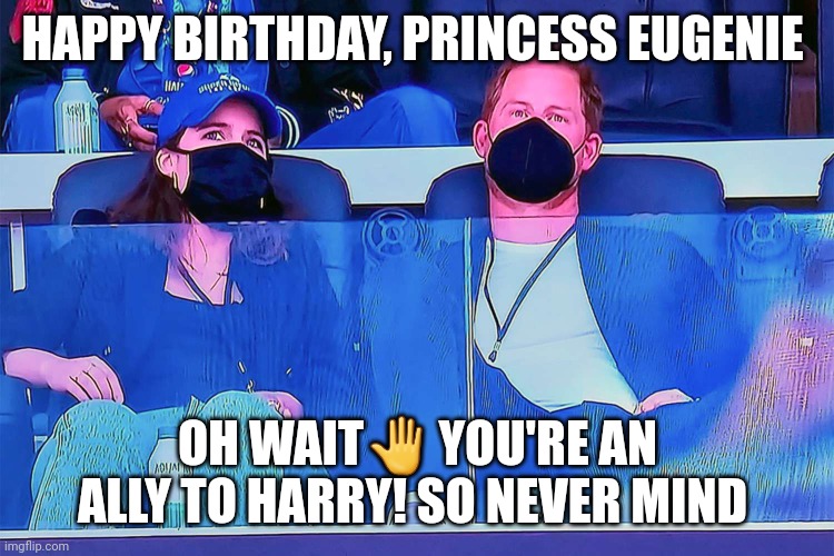 Well... | HAPPY BIRTHDAY, PRINCESS EUGENIE; OH WAIT🤚 YOU'RE AN ALLY TO HARRY! SO NEVER MIND | image tagged in princess,prince,royal family,cousins,super bowl | made w/ Imgflip meme maker