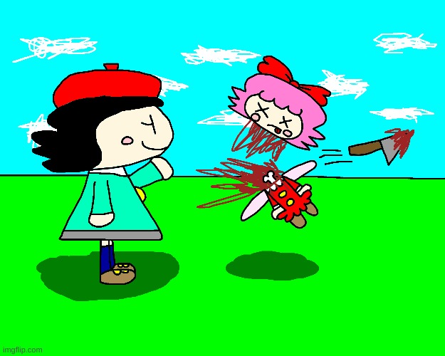 Adeleine murders Ribbon hahaha (again because I like it) | image tagged in kirby,gore,blood,funny,cute,parody | made w/ Imgflip meme maker