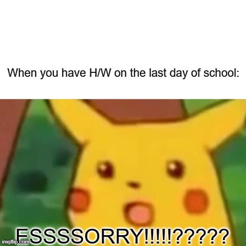 UGH... sad but true | When you have H/W on the last day of school:; ESSSSORRY!!!!!????? | image tagged in memes,surprised pikachu | made w/ Imgflip meme maker