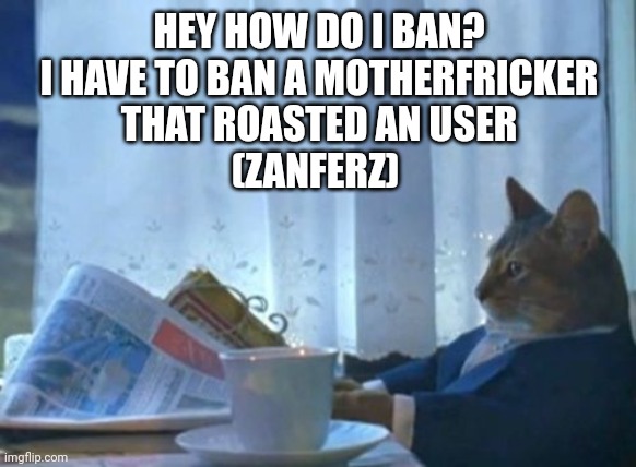 Pls i dont like toxic users | HEY HOW DO I BAN?
I HAVE TO BAN A MOTHERFRICKER
THAT ROASTED AN USER
(ZANFERZ) | image tagged in memes,i should buy a boat cat | made w/ Imgflip meme maker