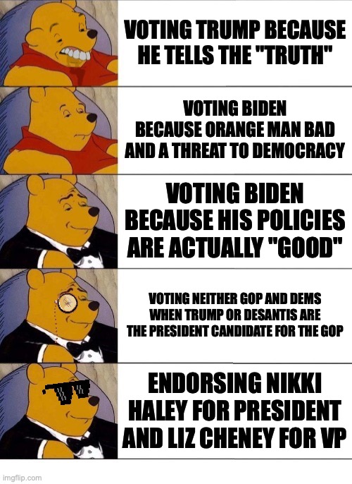 Winnie the Pooh v.20 | VOTING TRUMP BECAUSE HE TELLS THE "TRUTH" VOTING BIDEN BECAUSE ORANGE MAN BAD AND A THREAT TO DEMOCRACY VOTING BIDEN BECAUSE HIS POLICIES AR | image tagged in winnie the pooh v 20 | made w/ Imgflip meme maker
