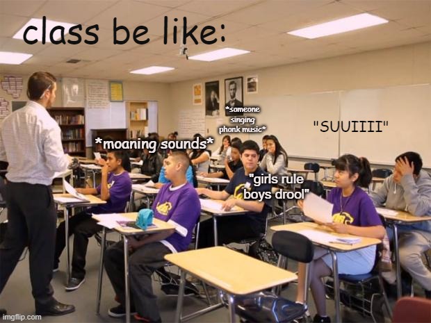 Its always like that.. | class be like:; "SUUIIII"; *someone singing phonk music*; *moaning sounds*; "girls rule boys drool" | image tagged in classroom | made w/ Imgflip meme maker
