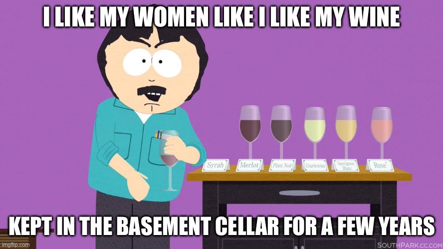 Wine and women | I LIKE MY WOMEN LIKE I LIKE MY WINE; KEPT IN THE BASEMENT CELLAR FOR A FEW YEARS | image tagged in randy marsh wine classy,wine,women,basement,cellar | made w/ Imgflip meme maker