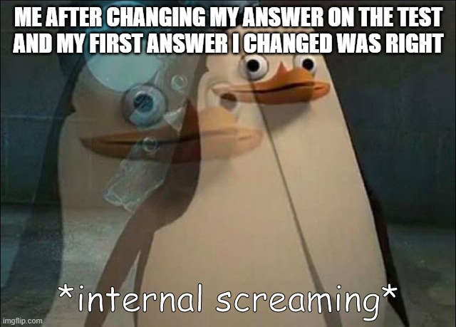 This happend to many times | ME AFTER CHANGING MY ANSWER ON THE TEST
AND MY FIRST ANSWER I CHANGED WAS RIGHT | image tagged in private internal screaming | made w/ Imgflip meme maker